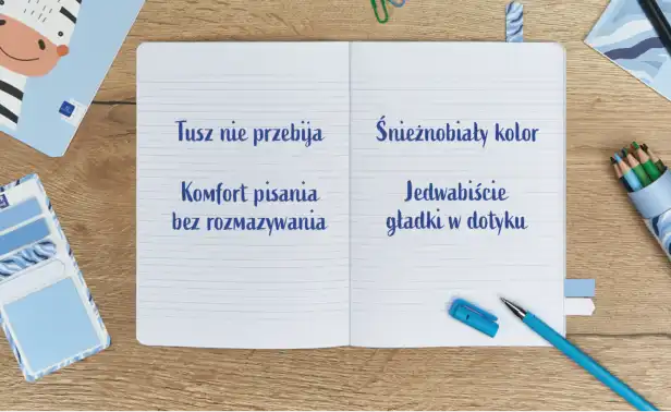 Tusz nie przebija, Śnieżnobiały kolor, Komfort pisania bez rozmazywania, Jedwabiście gładki w dotyku